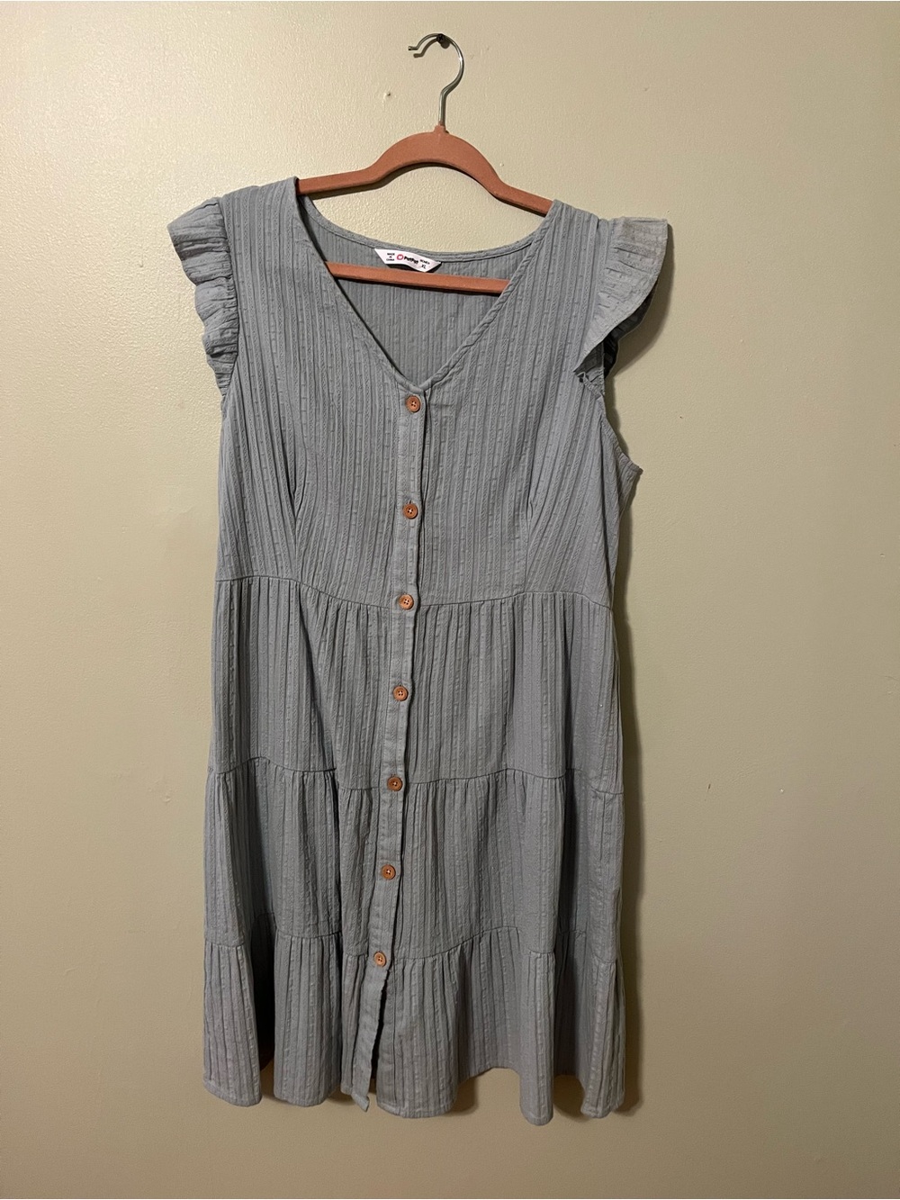 PatPat Blue Button-Front Tiered Midi Dress with Ruffle Cap Sleeves 100% Cotton